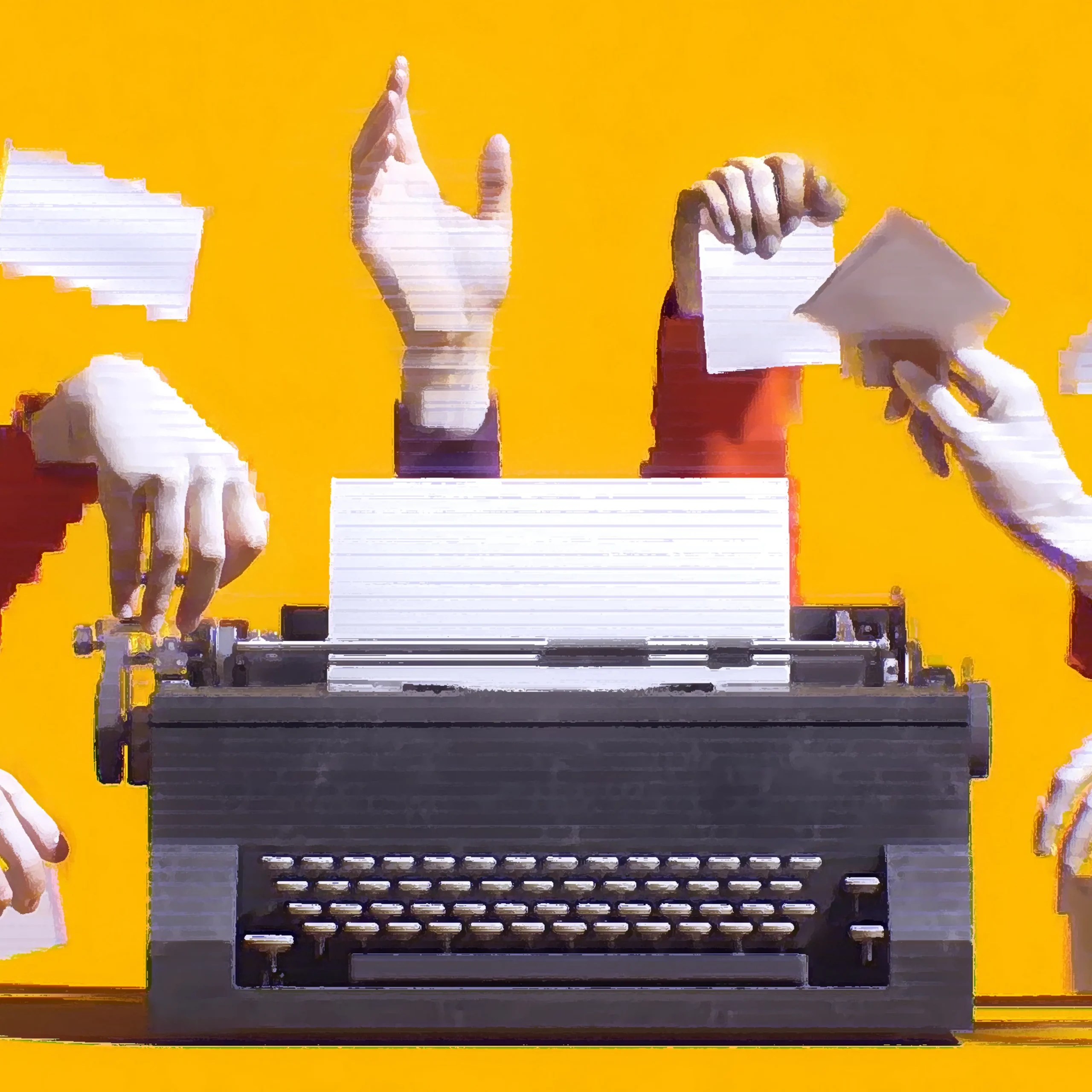 Close-up of a vintage typewriter with hands typing, bright yellow background.
