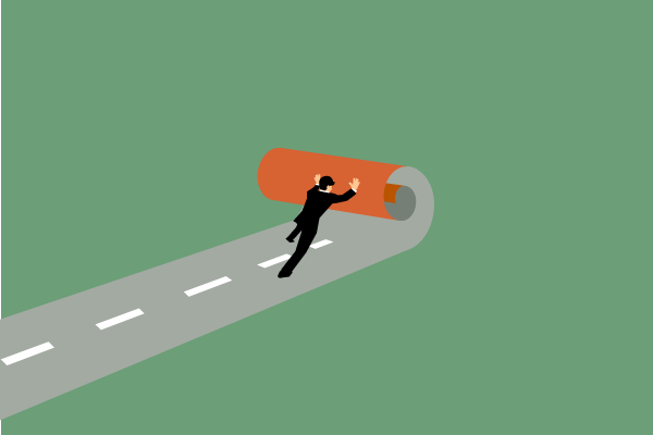 A businessman in a black suit runs along a gray highway that curves into a large orange cylindrical tunnel against a green background, symbolizing a journey forward.