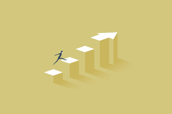 A person runs up a series of rising white steps, symbolizing progress toward a goal on a pale yellow background.