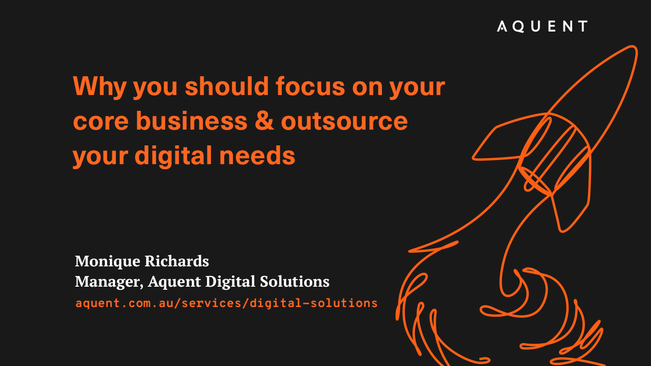 Hero banner with orange rocket outline on dark background; large orange headline about outsourcing digital needs and author Monique Richards, Aquent Digital Solutions (URL shown).