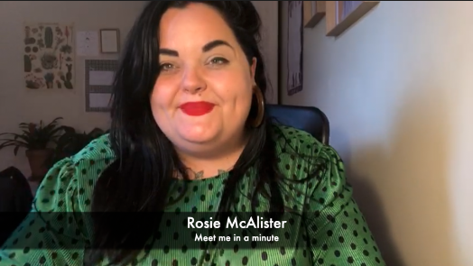 Smiling woman with dark hair in a green polka-dot blouse seated indoors; on-screen caption reads 'Rosie McAlister' 'Meet me in a minute'.