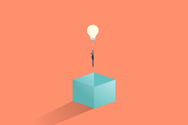 A tiny person hangs from a string tied to a glowing lightbulb balloon lifting a teal cube against an orange background.
