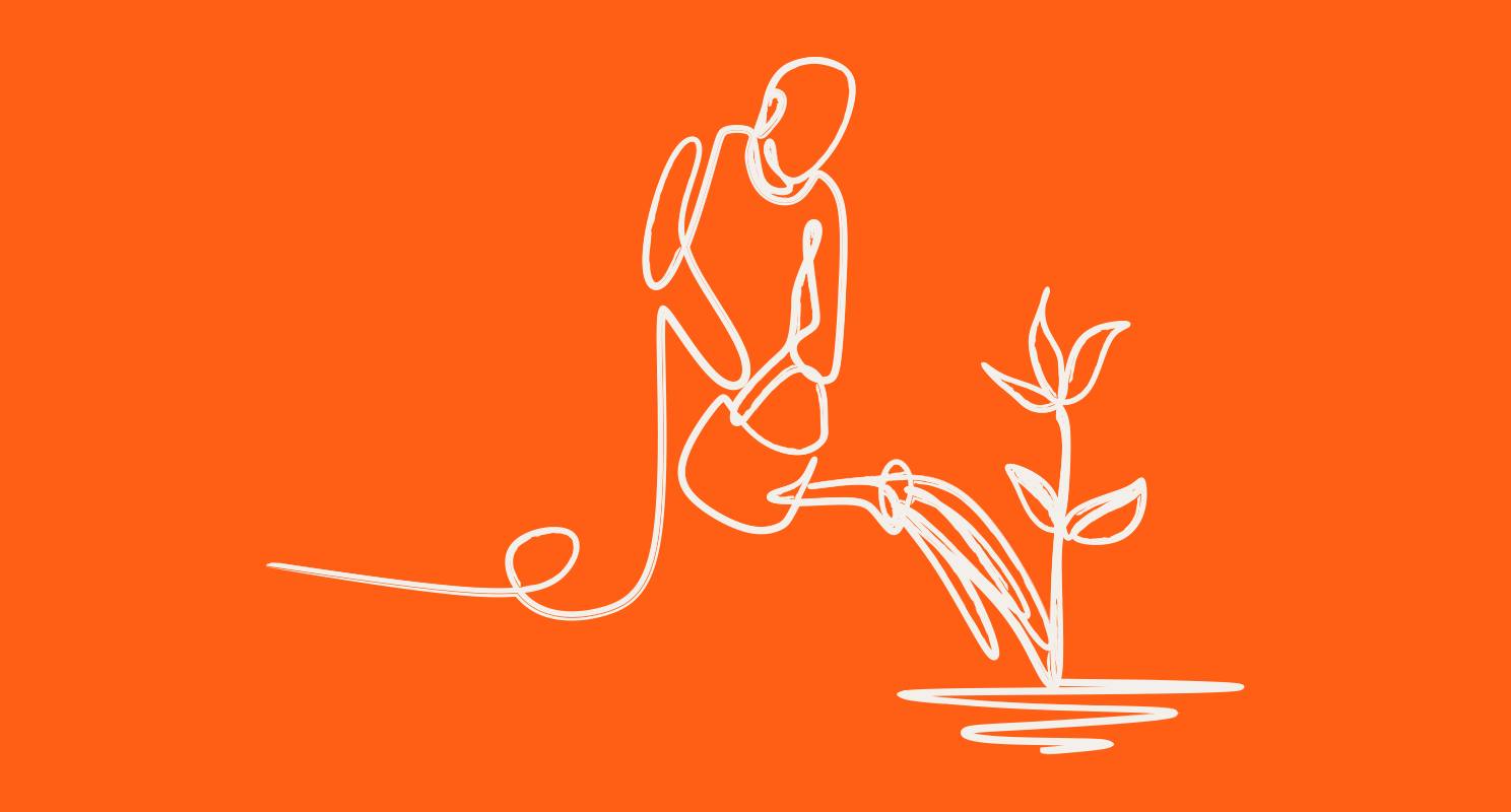 Abstract white line drawing of a person kneeling and watering a small plant against an orange background, conveying nurturing/gardening.