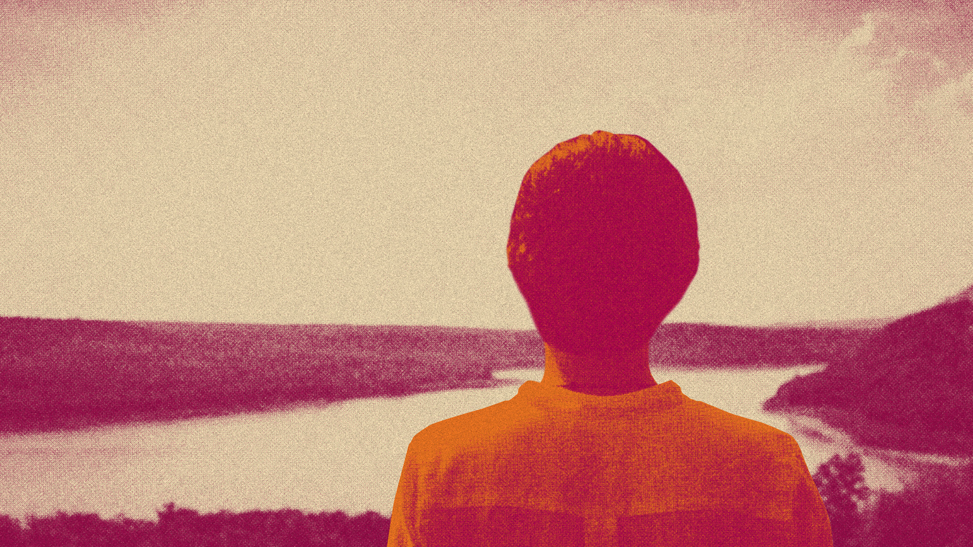 Person seen from behind wearing an orange shirt, overlooking a coastline with distant hills and water.