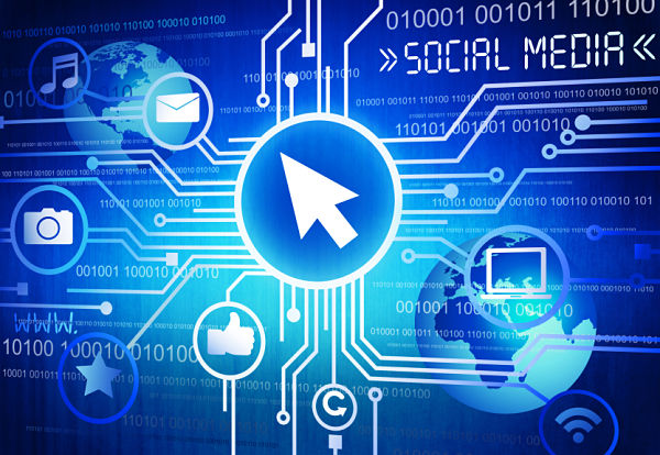 Blue tech graphic showing a central cursor surrounded by circuits and social icons (mail, camera, thumbs up) with world maps, symbolizing online connectivity.