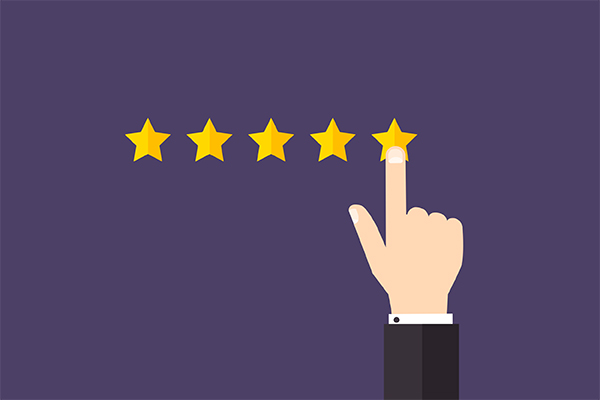 Hand taps the fifth gold star to give a five-star rating on a purple background, rating UI mechanics visible.