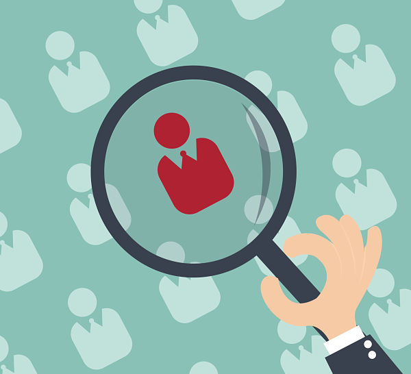 Magnifying glass enlarging a red person silhouette among pale blue avatars in a crowd, suggesting a search for a person.