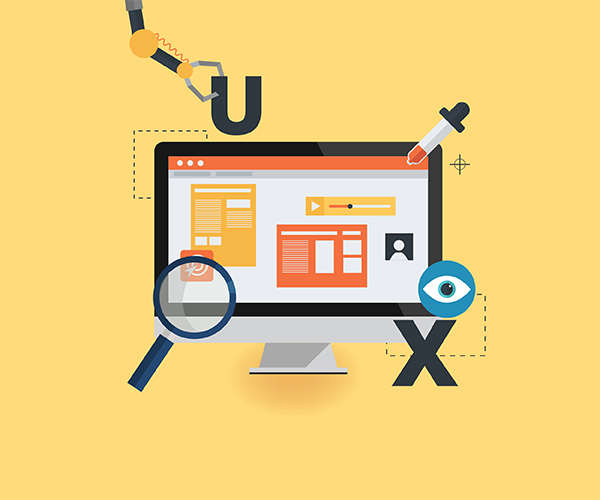 Illustration of a computer monitor displaying UI layouts, surrounded by a magnifying glass, an eye icon, and drafting tools on a yellow background.