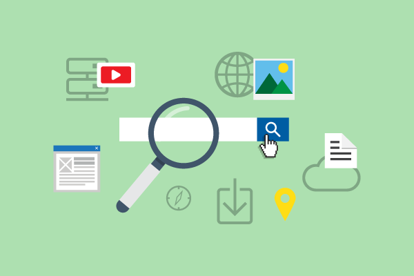 Abstract web search illustration showing a magnifying glass over a search bar with icons for globe, image, video, document, cloud, download, and location pin.