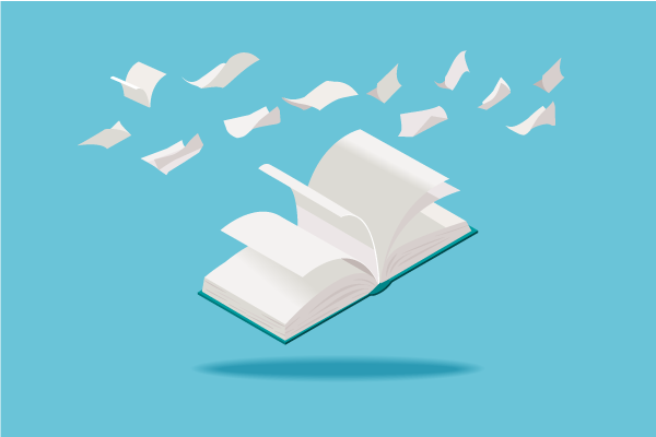 Open book with fluttering pages rising into the air, suggesting ideas taking off or learning taking flight.