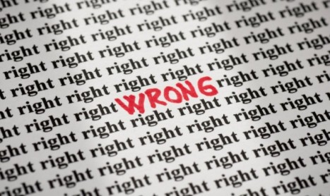 Bold red 'WRONG' overlaying a diagonal repeating pattern of the word 'right'—conveys being wrong about what's right.