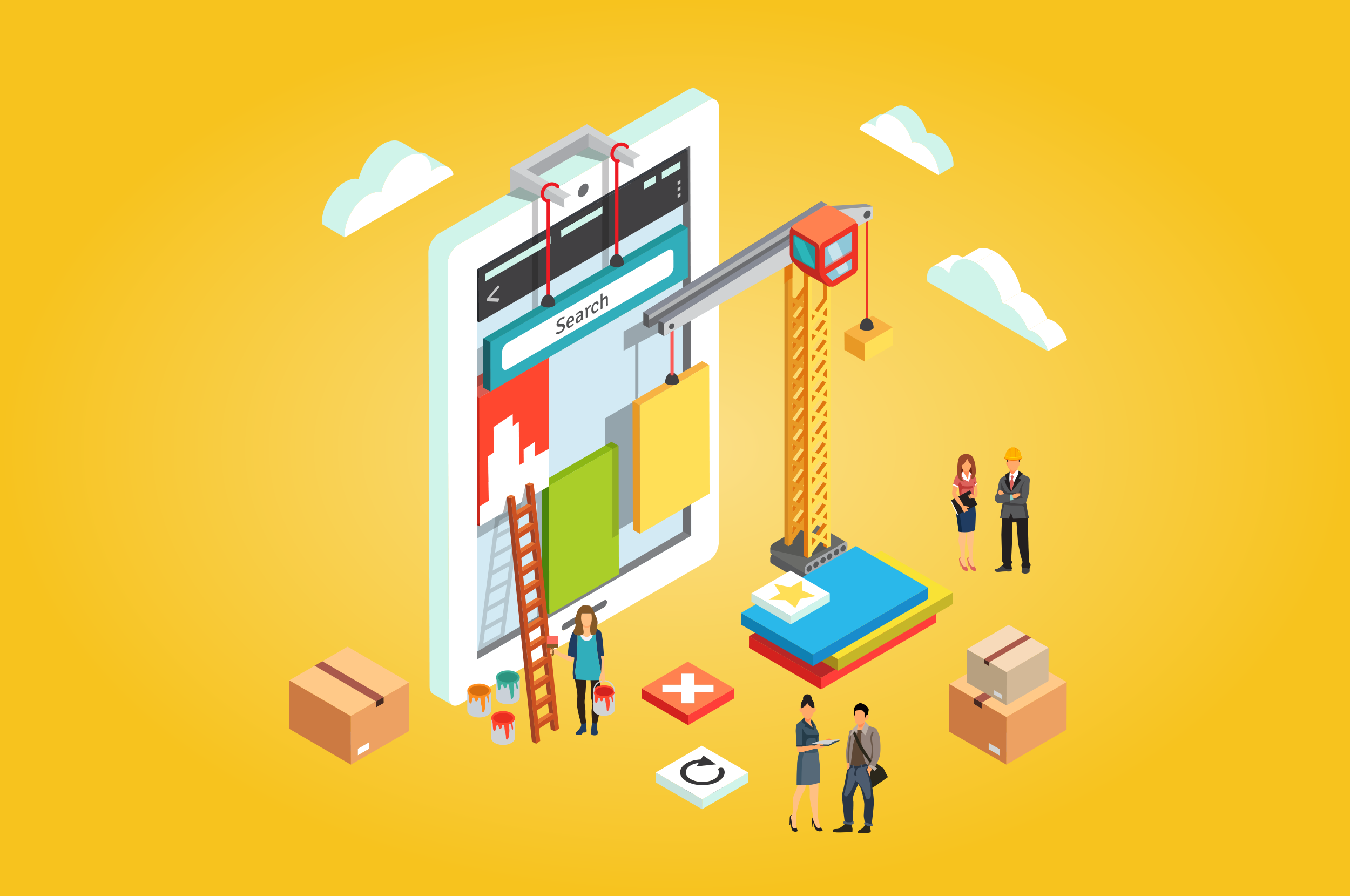 Isometric construction scene with a giant smartphone displaying a search bar, cranes and workers building a digital interface.