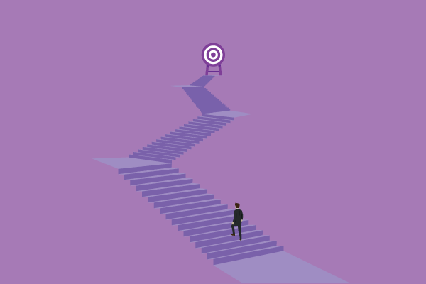 A person in a suit climbs a long, winding purple staircase toward a bullseye target at the top.