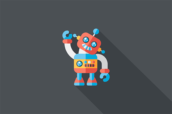 Colorful cartoon robot waving on a dark gray background with a long shadow.
