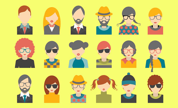Grid of 20 diverse cartoon avatars lined up on a bright yellow background (5x4 grid).