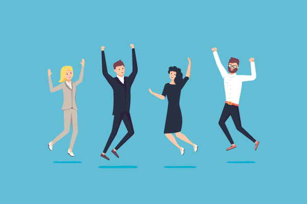 Four coworkers in business attire jumping for joy, celebrating success together against a blue background.