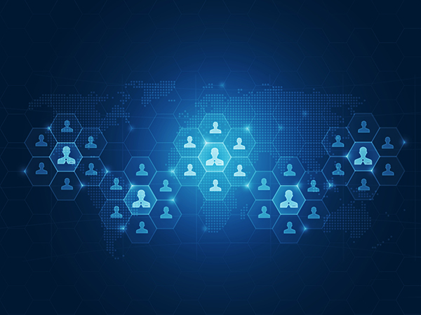 Global network of people icons connected by hexagonal links over a world map on a dark blue background