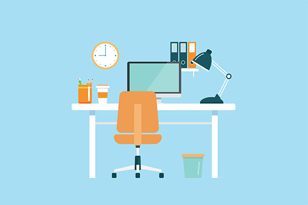 Office desk with an orange chair, monitor, lamp, clock, binders, coffee cup, and pencils on a blue background.