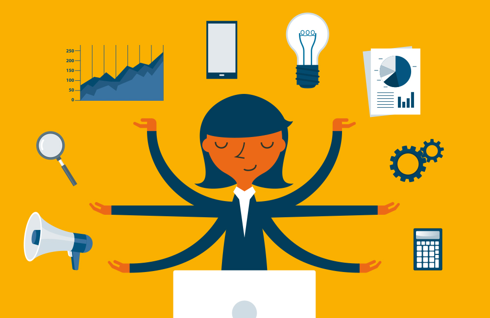 Illustration of person with six arms doing lots of tasks