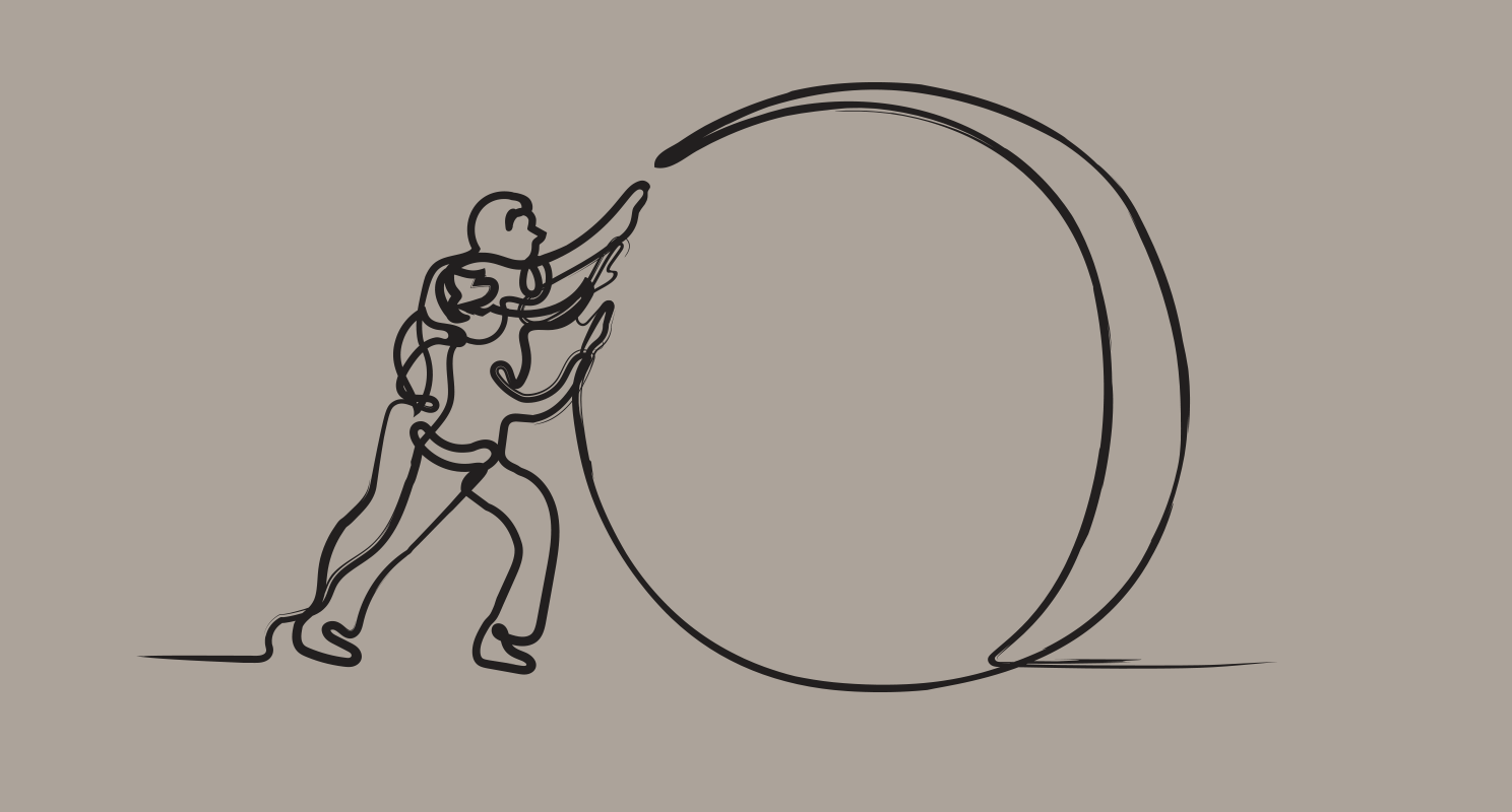 Person pushing a large round ball along the ground with both hands, in a stylized line drawing.