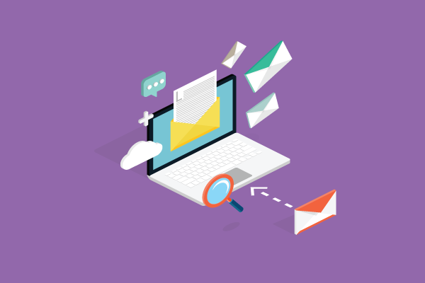 Isometric illustration of a laptop with emails and a magnifying glass, representing online messaging and search on a purple background.