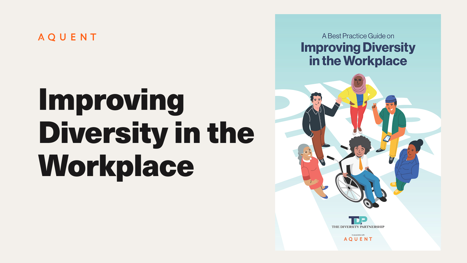 Couverture du guide « Améliorer la diversité sur le lieu de travail ». Groupe de six personnages de dessins animés diversifiés, dont une personne en fauteuil roulant, sur un chemin stylisé.